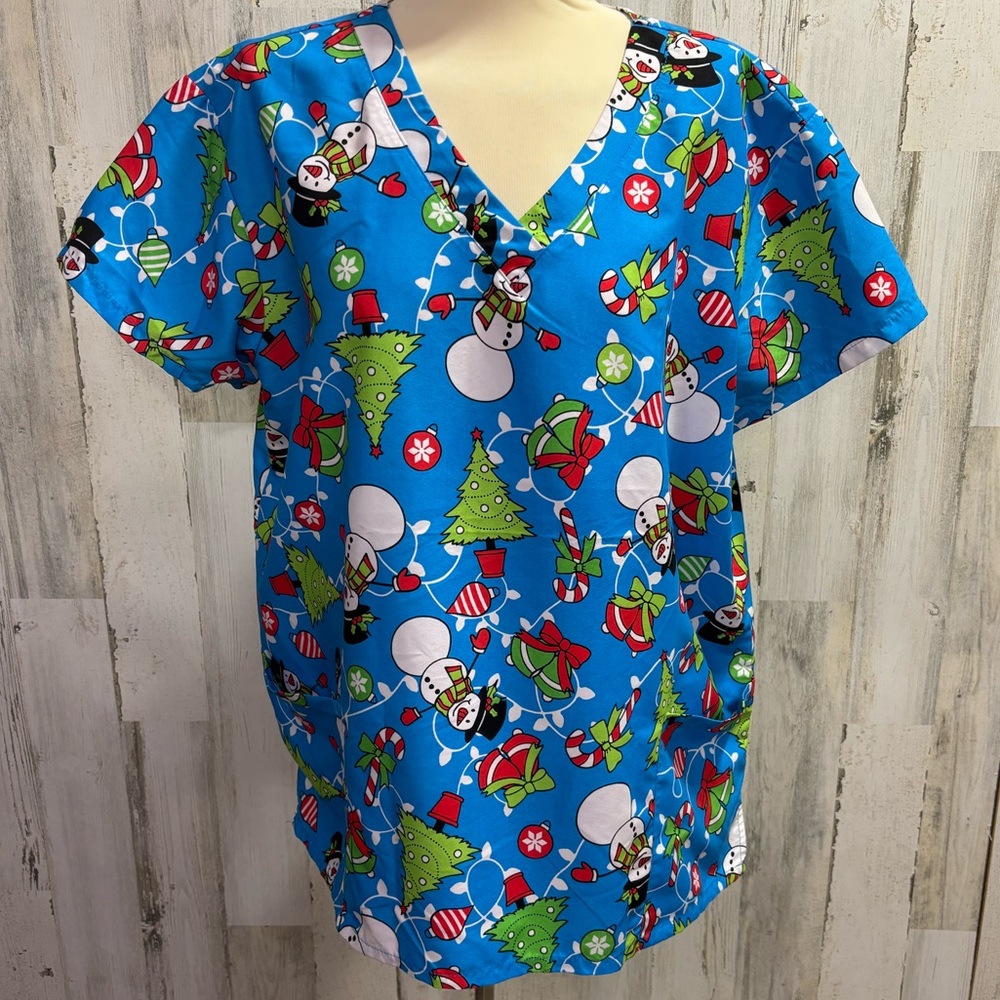 Serene Uniforms Festive Blue Scrub Top with‎ Snowman and Christmas Tree Print